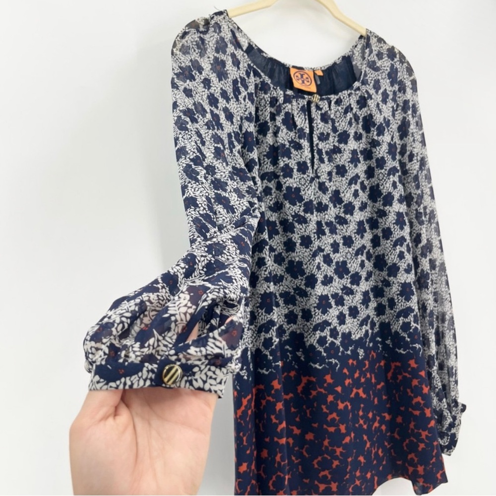Tory Burch Womens Silk Blouse Blue Floral Long Sleeve Button Cuff Keyhole Neck